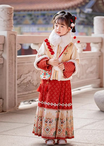 Handmade Beige Stand Collar Patchwork Warm Kids Coats And Maxi Skirts Two Pieces Set Winter TR012 ABC