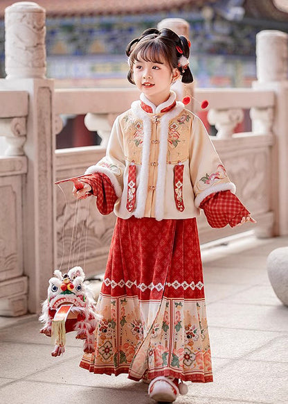 Handmade Beige Stand Collar Patchwork Warm Kids Coats And Maxi Skirts Two Pieces Set Winter TR012 ABC