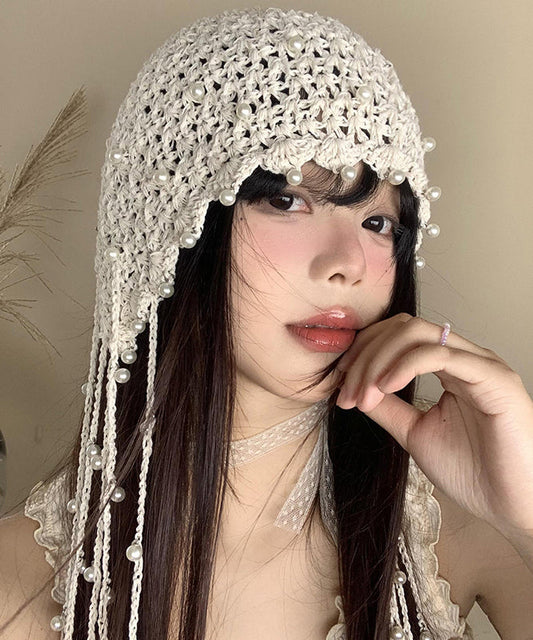 Handmade Beige Tassel Bead Hollow Out Knit Bonnie Hat WI019 hat-HAT241105