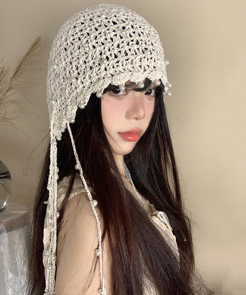 Handmade Beige Tassel Bead Hollow Out Knit Bonnie Hat WI019 hat-HAT241105