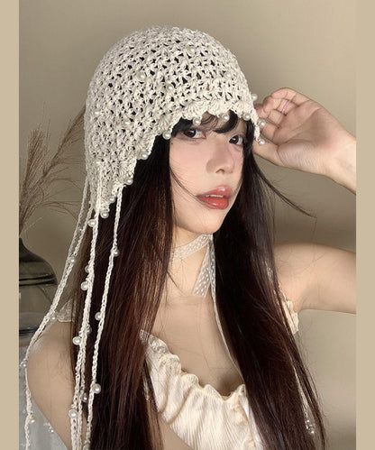 Handmade Beige Tassel Bead Hollow Out Knit Bonnie Hat WI019 hat-HAT241105