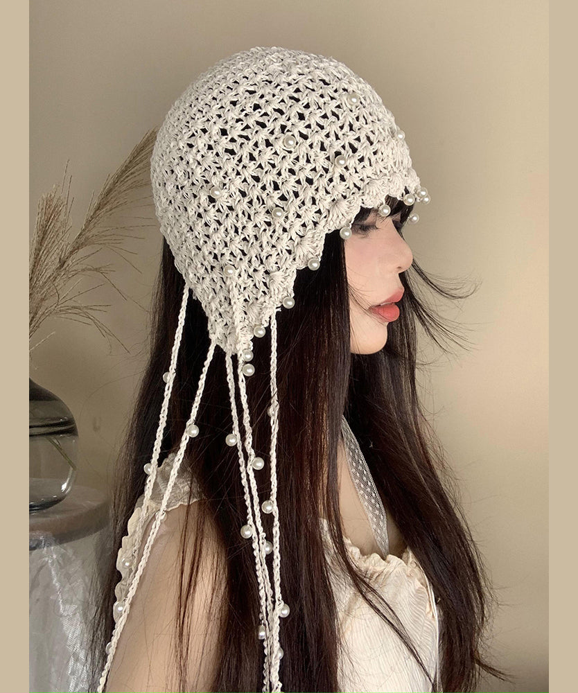 Handmade Beige Tassel Bead Hollow Out Knit Bonnie Hat WI019 hat-HAT241105