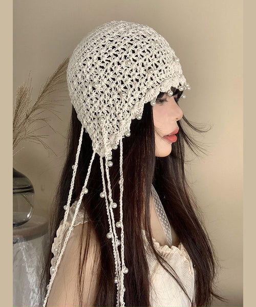 Handmade Beige Tassel Bead Hollow Out Knit Bonnie Hat WI019 hat-HAT241105