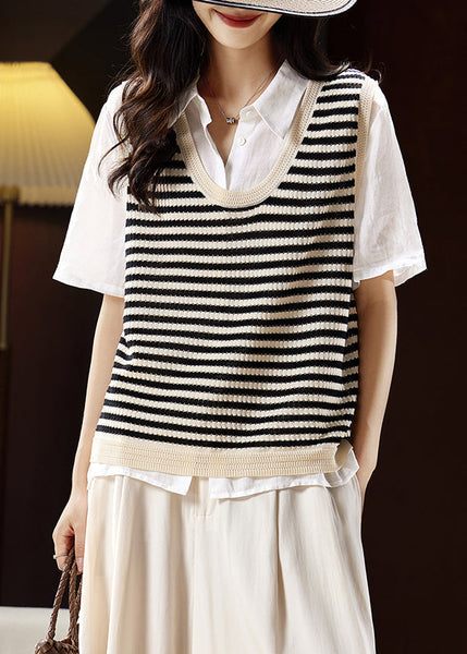 Handmade Beige V Neck Striped Knit Vest Summer WW033 OL-VTP240812