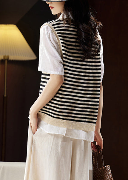 Handmade Beige V Neck Striped Knit Vest Summer WW033 OL-VTP240812