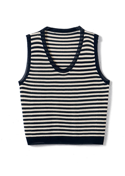 Handmade Beige V Neck Striped Knit Vest Summer WW033 OL-VTP240812