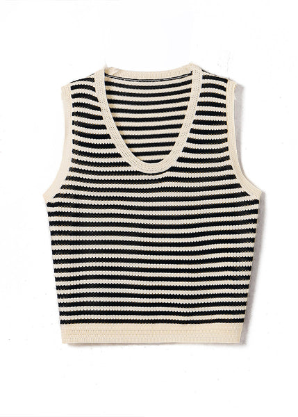 Handmade Beige V Neck Striped Knit Vest Summer WW033 OL-VTP240812