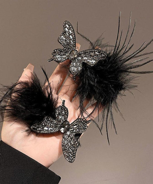 Hairpin Feathers Zircon Handmade Black Butterfly Alloy FashionChic