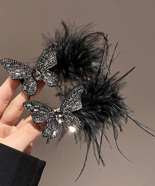 Hairpin Feathers Zircon Handmade Black Butterfly Alloy FashionChic