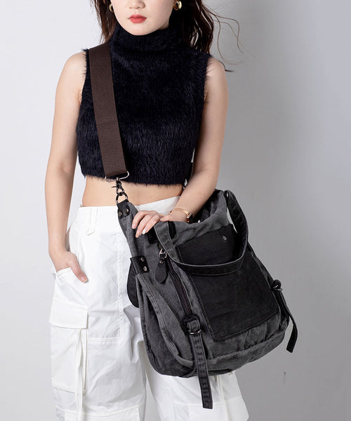 Handmade Black Canvas Patchwork Faux Leather Messenger Bag UU1071 Bag-BGS240527