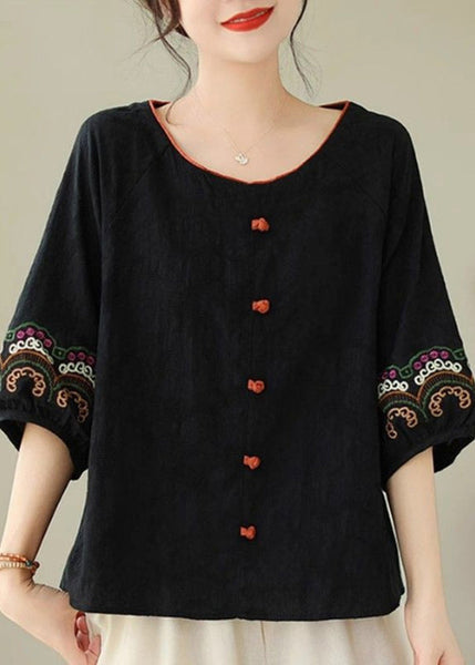Handmade Half Sleeve Tops Black Embroidere Patchwork FashionChic