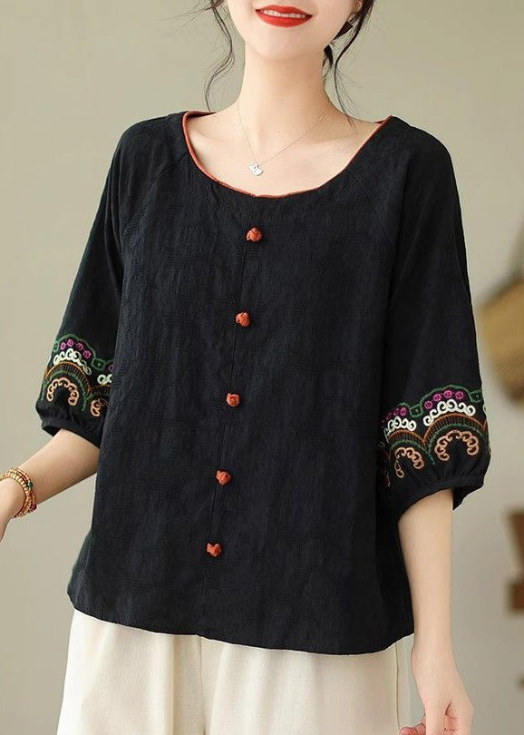 Handmade Half Sleeve Tops Black Embroidere Patchwork FashionChic