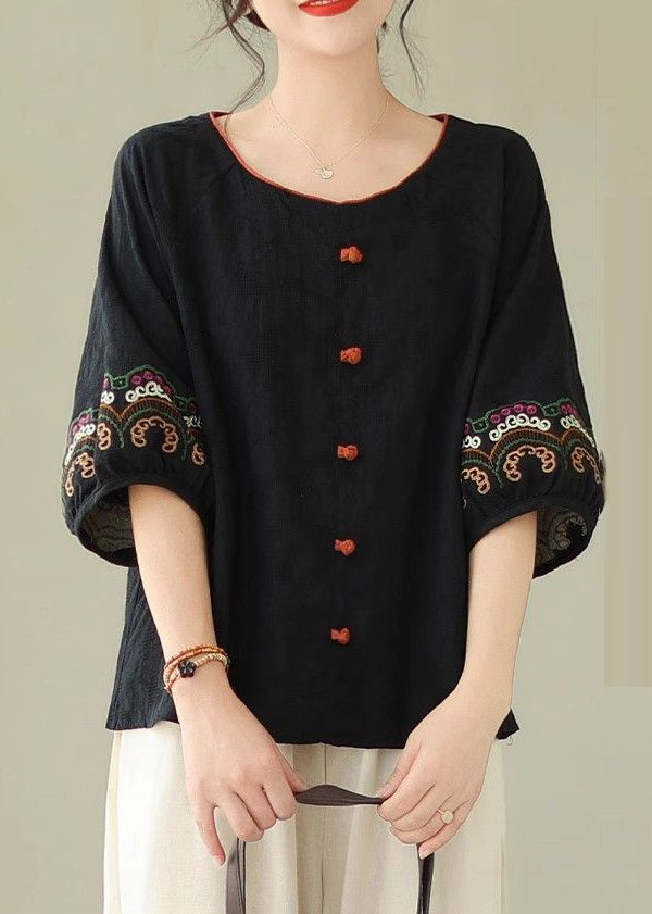 Handmade Half Sleeve Tops Black Embroidere Patchwork FashionChic