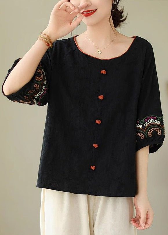 Handmade Half Sleeve Tops Black Embroidere Patchwork FashionChic
