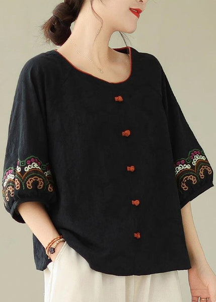 Handmade Half Sleeve Tops Black Embroidere Patchwork FashionChic