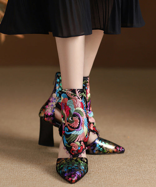 Handmade Black Embroidered Hollow Out Sheepskin Chunky Boots RT1063 Ada Fashion