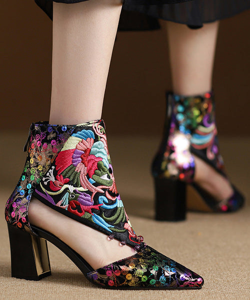 Handmade Black Embroidered Hollow Out Sheepskin Chunky Boots RT1063 Ada Fashion