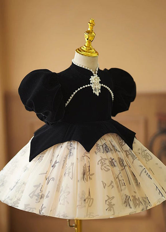 Tulle Patchwork Black Long Floral Girls Dresses Short Handmade FashionChic