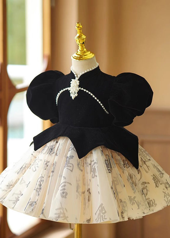 Tulle Patchwork Black Long Floral Girls Dresses Short Handmade FashionChic