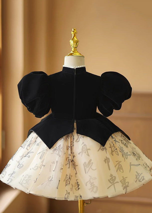 Tulle Patchwork Black Long Floral Girls Dresses Short Handmade FashionChic