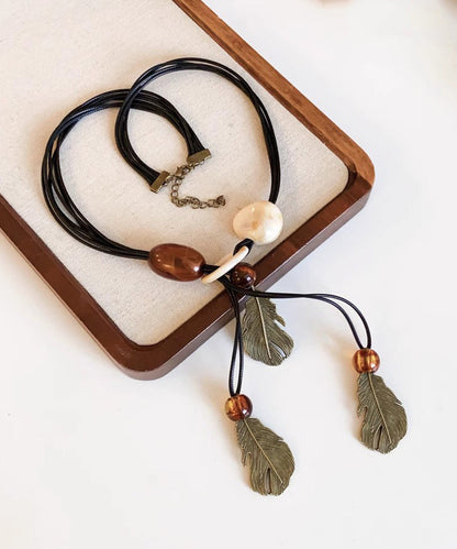 Leather Rope Tassel Necklace Black Pendant Leaf Handmade Beading FashionChic