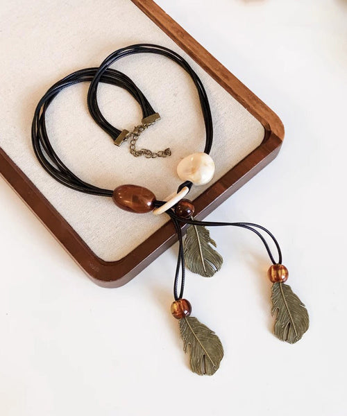 Leather Rope Tassel Necklace Black Pendant Leaf Handmade Beading FashionChic