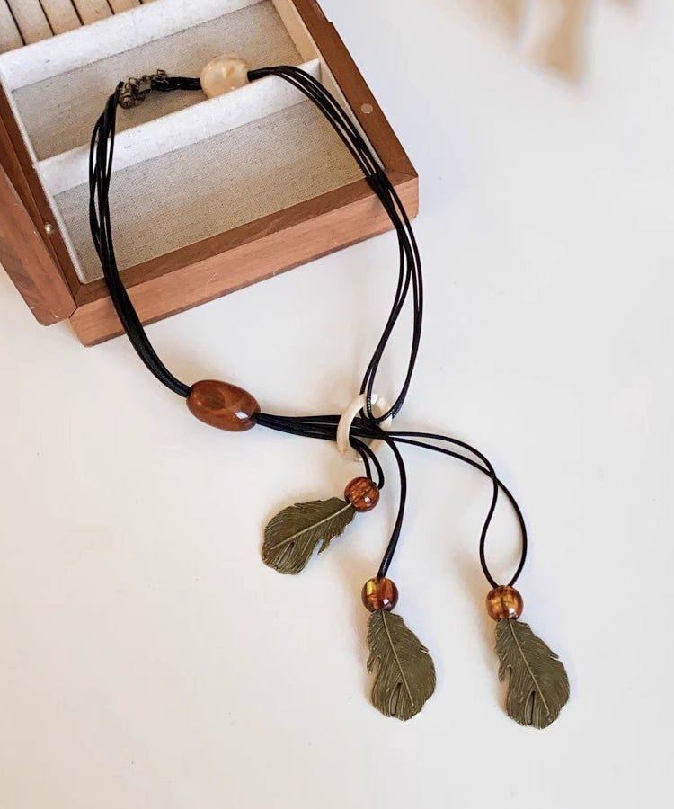 Leather Rope Tassel Necklace Black Pendant Leaf Handmade Beading FashionChic
