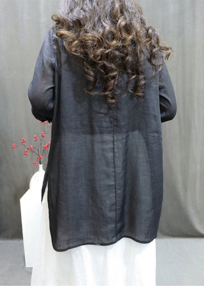 Handmade Black O-Neck Embroidered Button Shirt Long Sleeve UU049 OM-MM240820