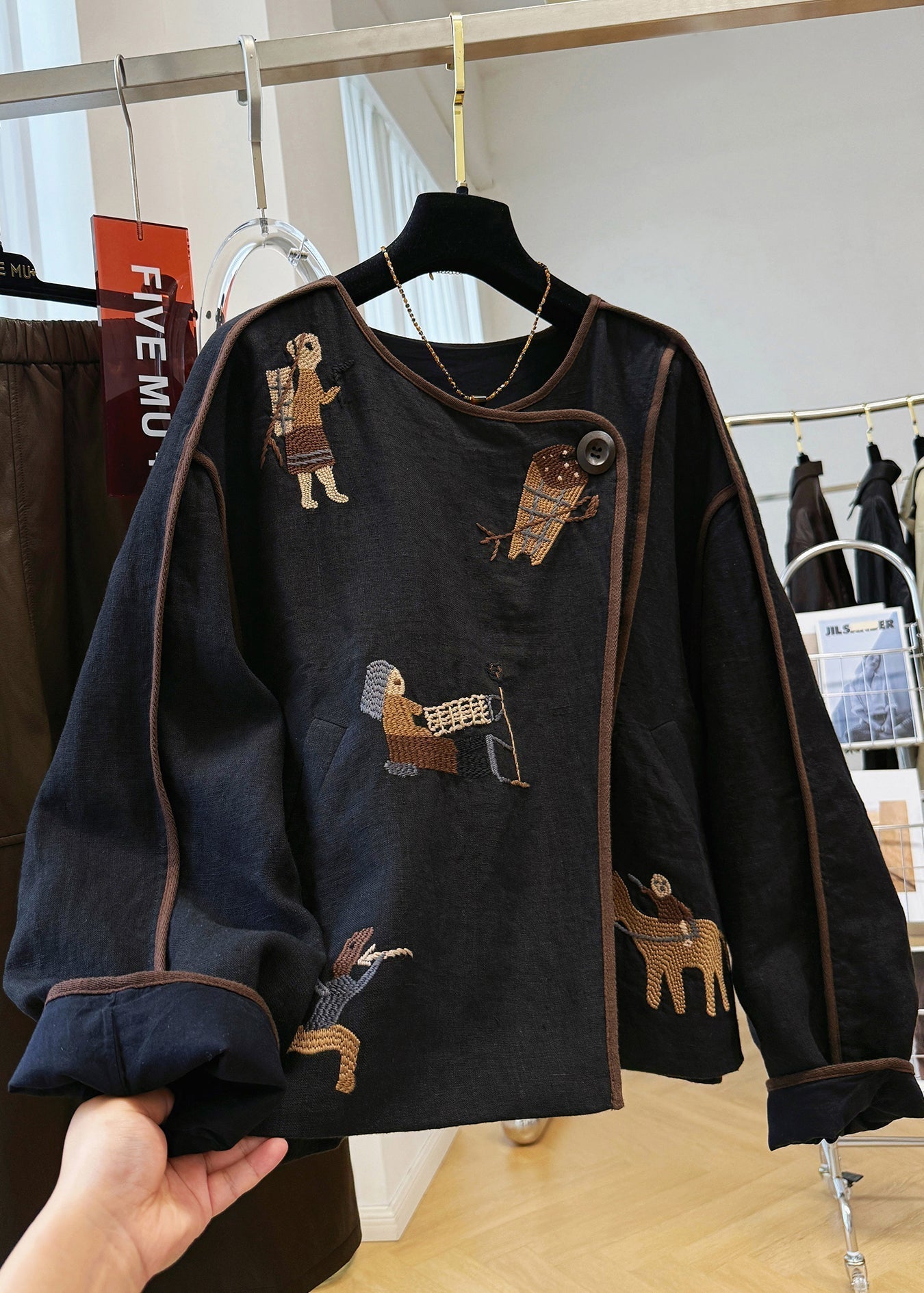 Black Fall O Neck Coat Handmade Linen Patchwork Embroidered FashionChic