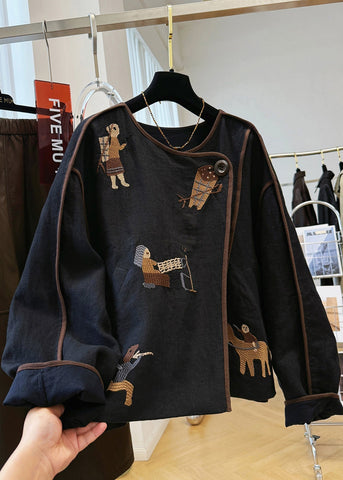 Black Fall O Neck Coat Handmade Linen Patchwork Embroidered FashionChic