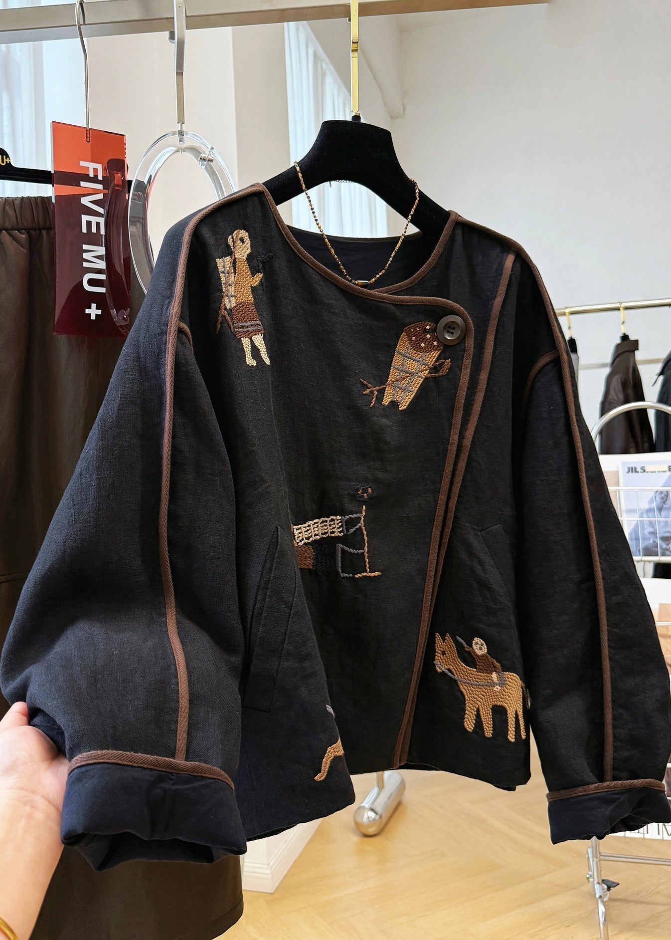 Black Fall O Neck Coat Handmade Linen Patchwork Embroidered FashionChic