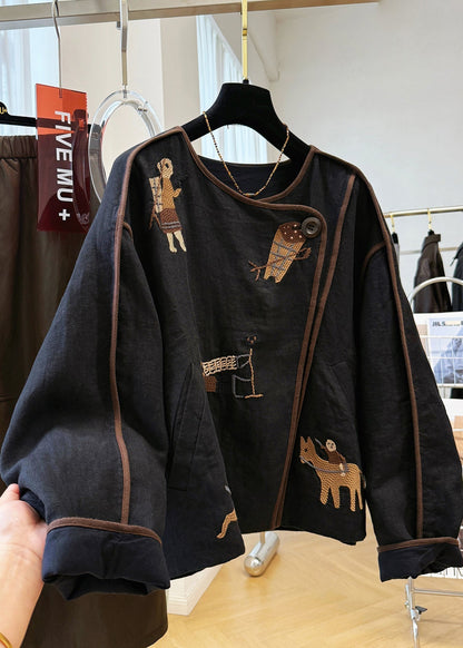 Black Fall O Neck Coat Handmade Linen Patchwork Embroidered FashionChic