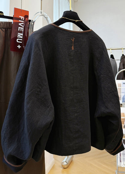 Black Fall O Neck Coat Handmade Linen Patchwork Embroidered FashionChic