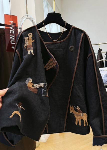Black Fall O Neck Coat Handmade Linen Patchwork Embroidered FashionChic