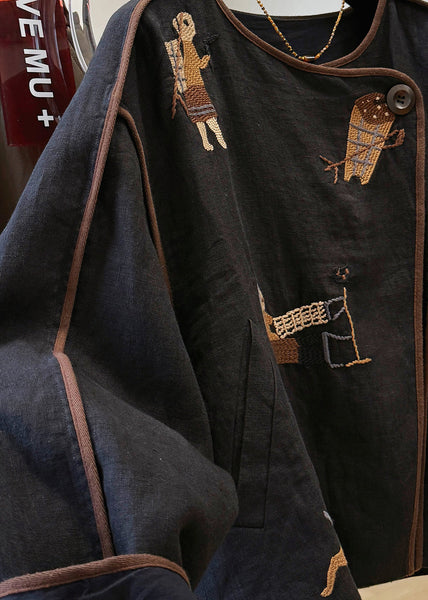 Black Fall O Neck Coat Handmade Linen Patchwork Embroidered FashionChic