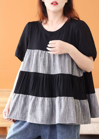 Handmade Black O-Neck Wrinkled Patchwork Top Short Sleeve TR013 MZF-STP240727