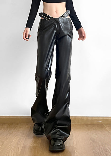 Handmade Black Patchwork Faux Leather Pants Spring YP031 ABC