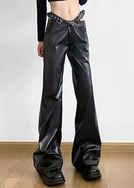 Handmade Black Patchwork Faux Leather Pants Spring YP031 ABC