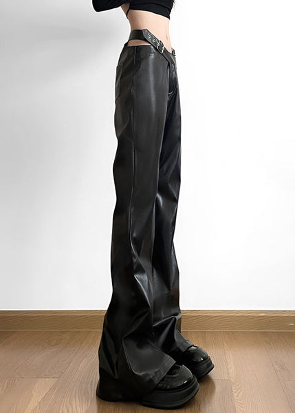 Handmade Black Patchwork Faux Leather Pants Spring YP031 ABC