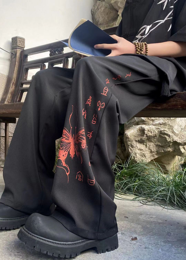 Handmade Black Pockets Print Ice Silk Mens Pants Summer YT039 Men-Silk-MENP240721