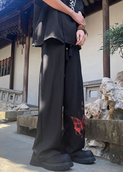 Handmade Black Pockets Print Ice Silk Mens Pants Summer YT039 Men-Silk-MENP240721