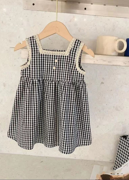 Handmade Black Square Collar Plaid Lace Patchwork Cotton Kids Mid Dress Sleeveless GF020 MM-RCTZ-SDM230724