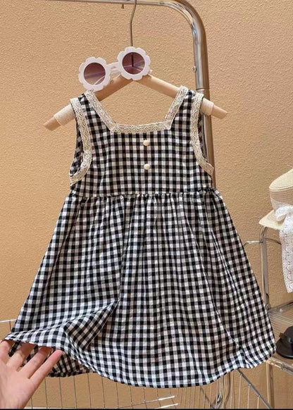 Handmade Black Square Collar Plaid Lace Patchwork Cotton Kids Mid Dress Sleeveless GF020 MM-RCTZ-SDM230724