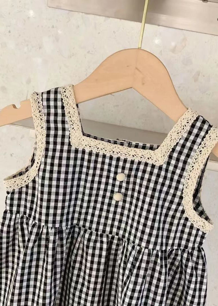 Handmade Black Square Collar Plaid Lace Patchwork Cotton Kids Mid Dress Sleeveless GF020 MM-RCTZ-SDM230724