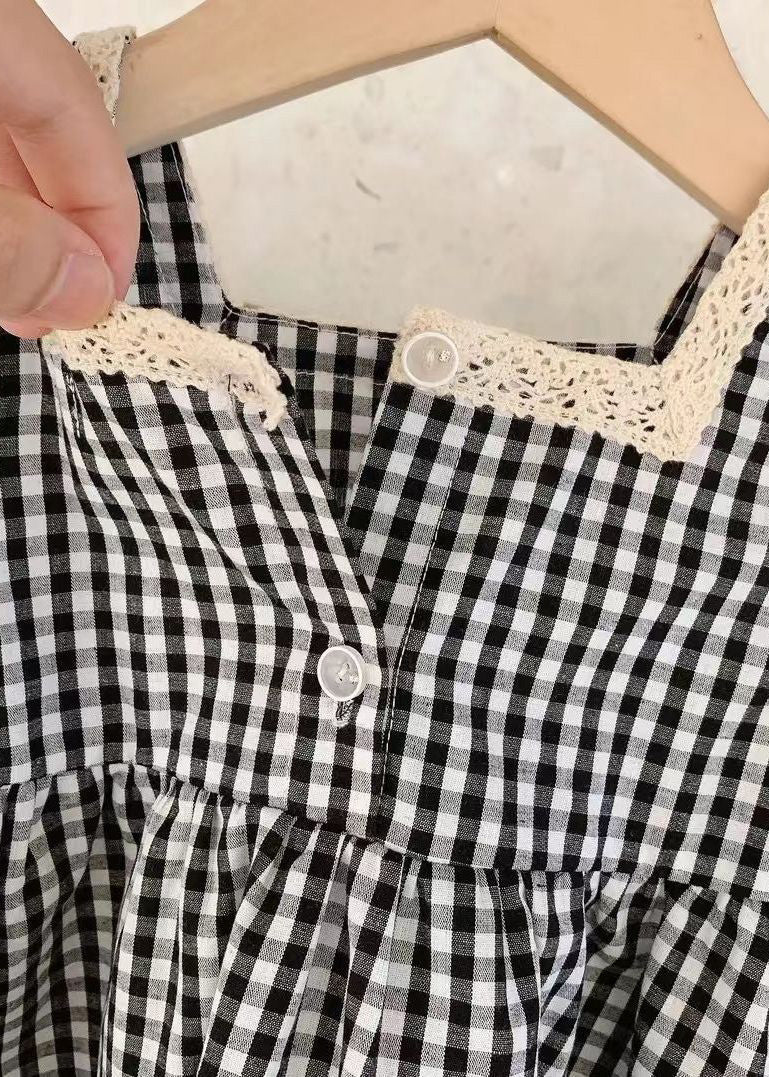 Handmade Black Square Collar Plaid Lace Patchwork Cotton Kids Mid Dress Sleeveless GF020 MM-RCTZ-SDM230724