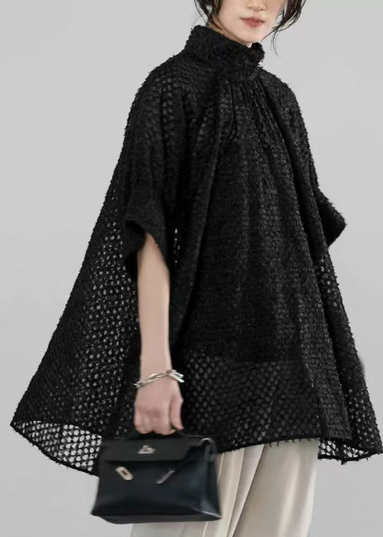 Handmade Tulle Black Half Shirt Sheer Sleeve Collar Stand FashionChic