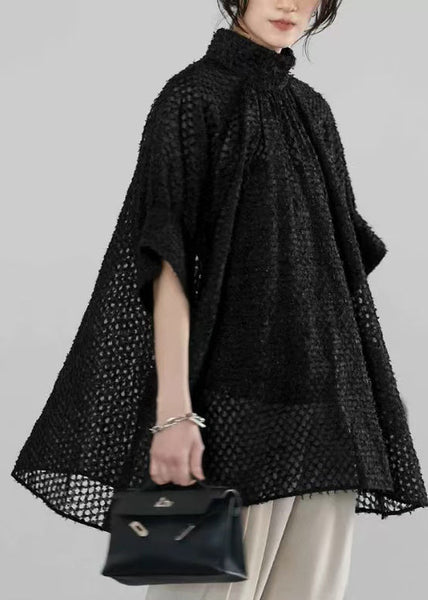 Handmade Tulle Black Half Shirt Sheer Sleeve Collar Stand FashionChic
