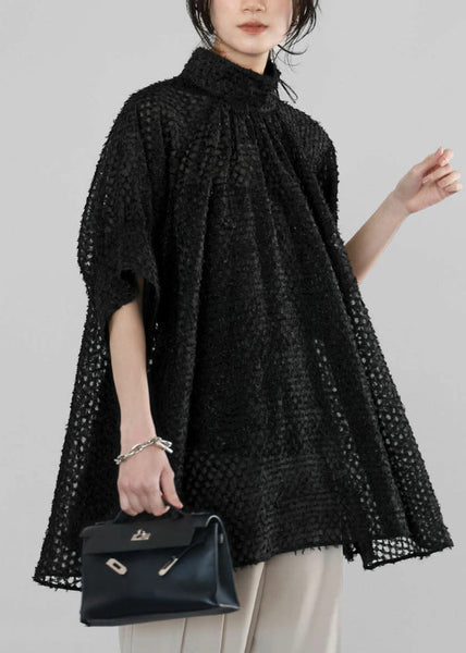 Handmade Tulle Black Half Shirt Sheer Sleeve Collar Stand FashionChic