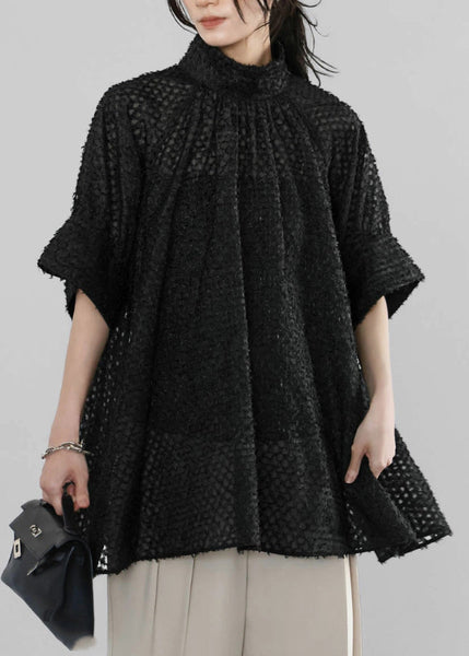 Handmade Tulle Black Half Shirt Sheer Sleeve Collar Stand FashionChic