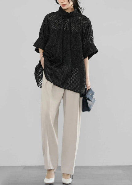 Handmade Tulle Black Half Shirt Sheer Sleeve Collar Stand FashionChic